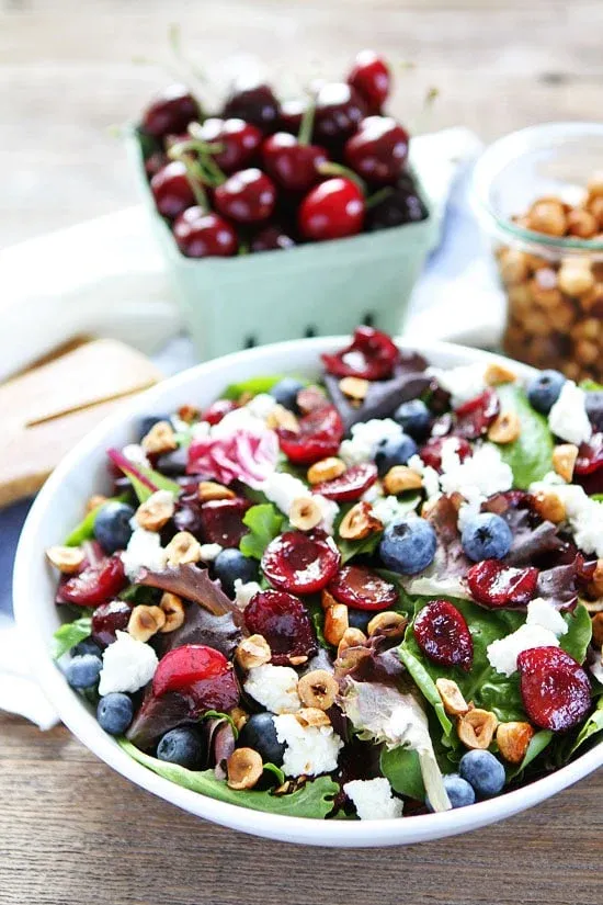 Balsamic Grilled Cherry, Blueberry, Goat Cheese, and Candied Hazelnut Salad