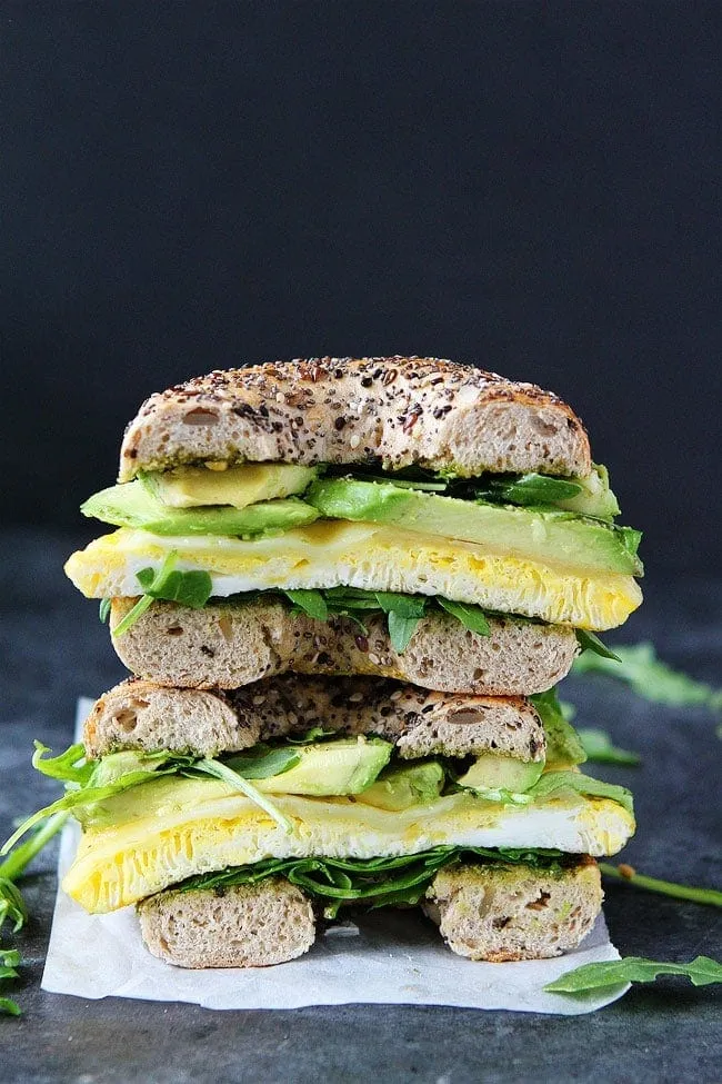 Egg, Avocado, and Pesto Bagel Sandwich