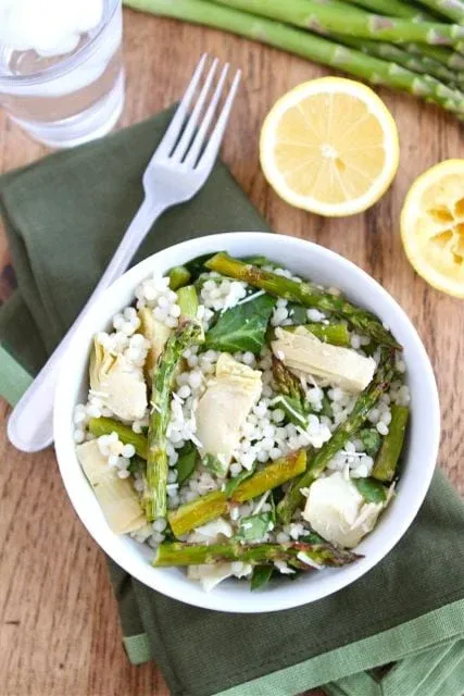 Israeli Couscous Salad with Roasted Asparagus, Artichokes, & Spinach