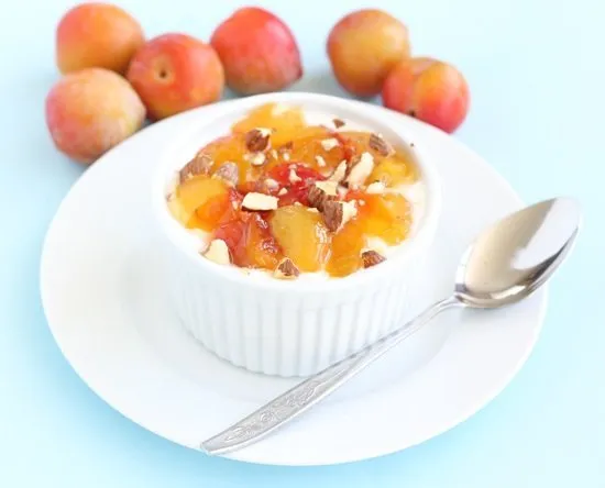 Roasted Plums with Greek Yogurt, Honey, and Almonds