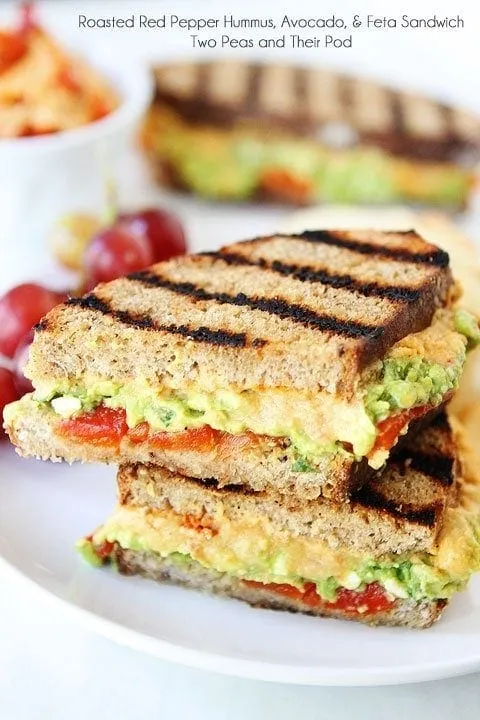 Roasted Red Pepper Hummus, Avocado, & Feta Sandwich