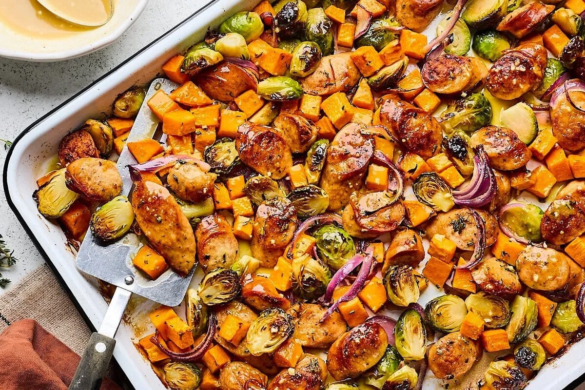 Sheet Pan Sausage and Veggies with Maple Dijon Sauce