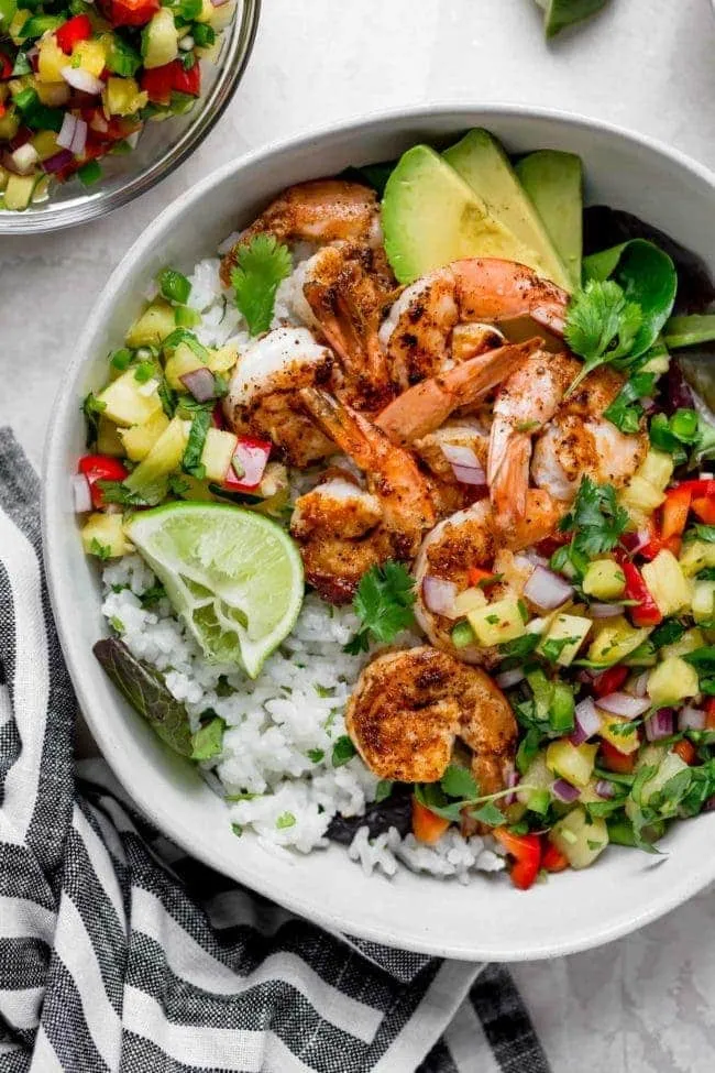 Shrimp Bowls with Coconut Cilantro Lime Rice & Pineapple Salsa