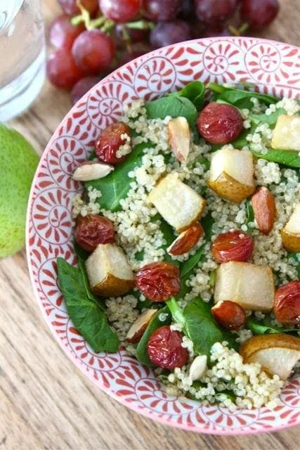 Spinach Quinoa Salad with Roasted Grapes, Pears, & Almonds