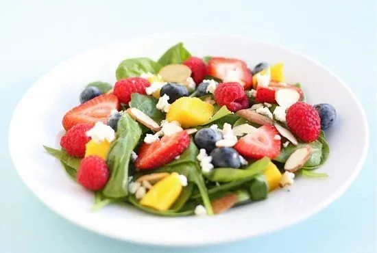 Spinach Salad with Fruit, Almonds, and Feta Cheese