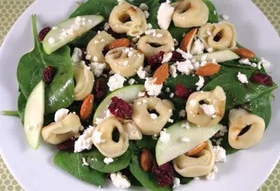 Spinach Salad with Tortellini, Dried Cranberries, Apples, Almonds, and Feta